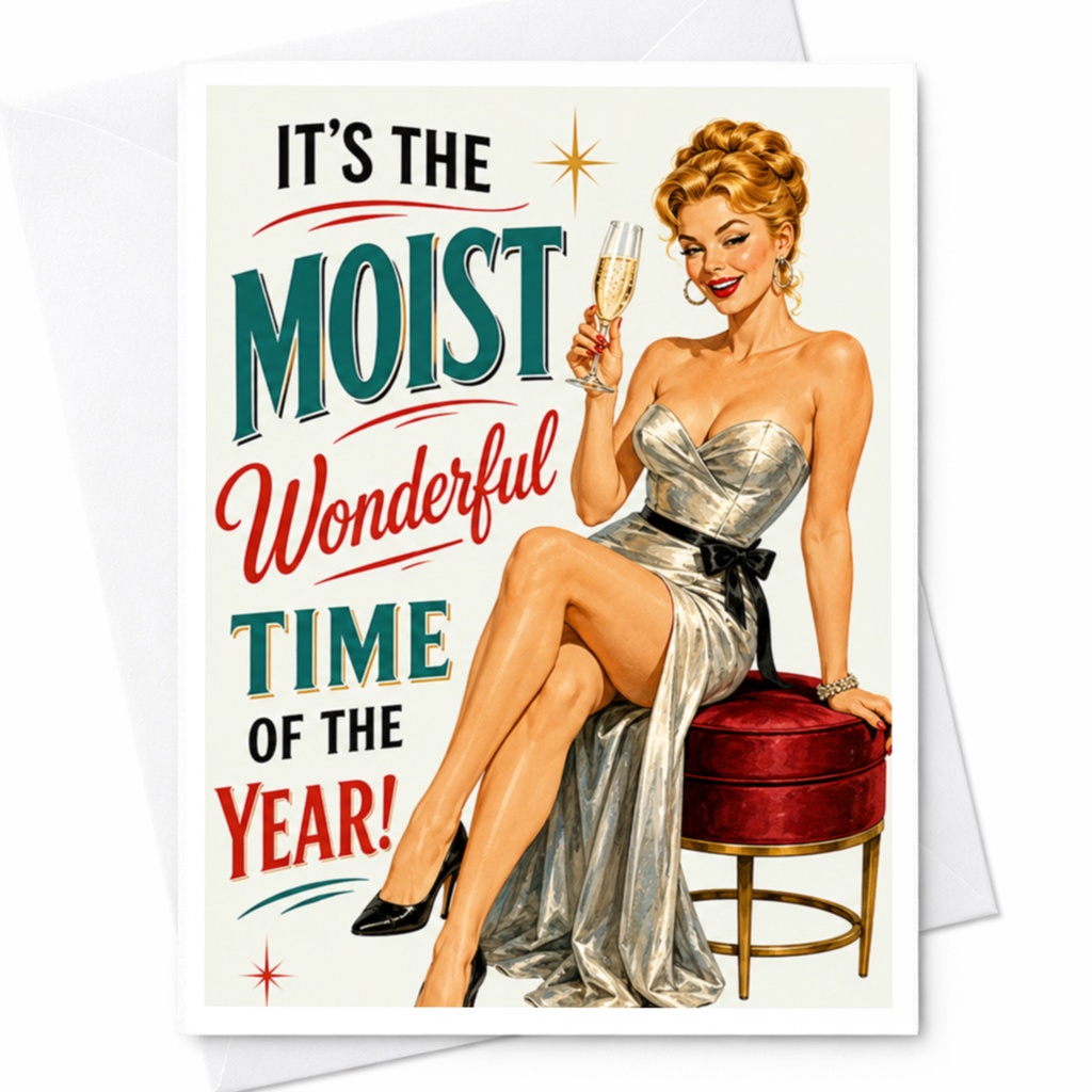 It's The Moist Wonderful Time Of The Year! Funny Christmas Card Retro Woman Champagne Holiday Greeting Card C5042