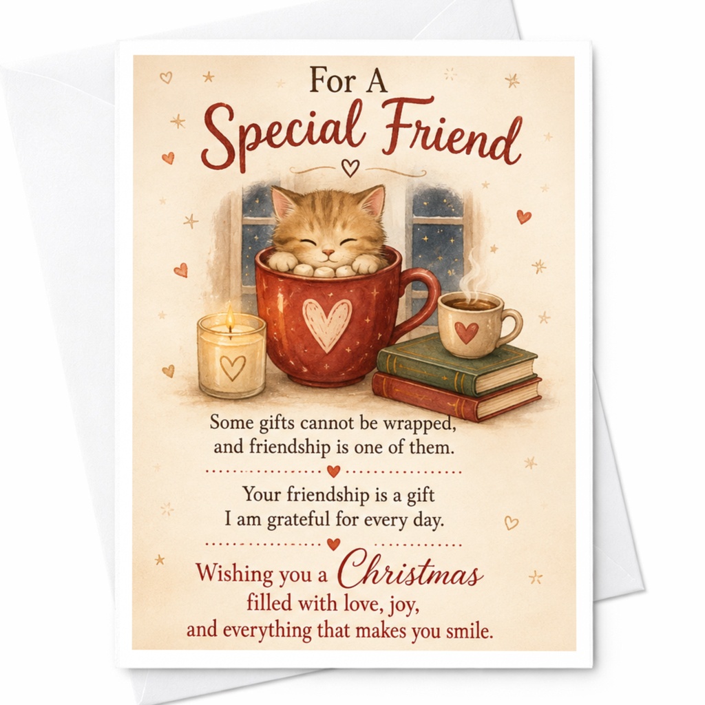 For A Special Friend Wishing You A Christmas Card Cute Cat In Mug Holiday Greeting Card For Friend Cozy Winter Scene C5048