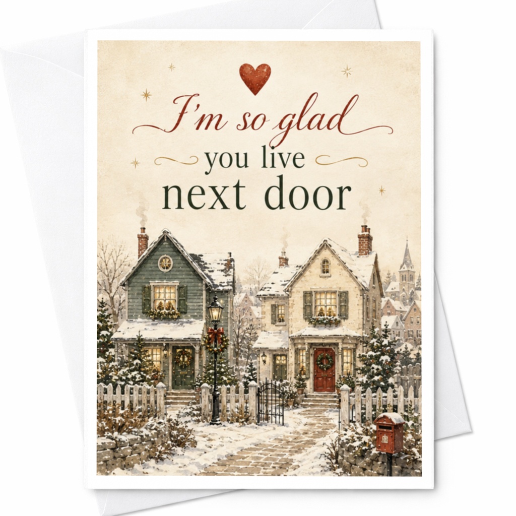 I'm So Glad You Live Next Door Christmas Card Neighbor Holiday Greeting Winter Scene Festive Friendship Card C5050
