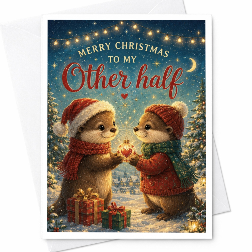 Merry Christmas To My Other Half Cute Holiday Card For Couples Otter Love Christmas Card Romantic Animal Card C5052