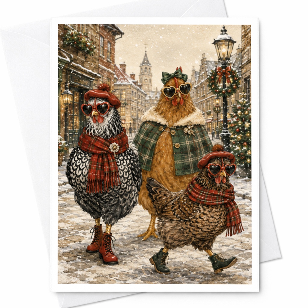 Festive Chickens Christmas Card Cute Holiday Greeting Card Funny Animal Card For Chicken Lover Winter Scene C5055