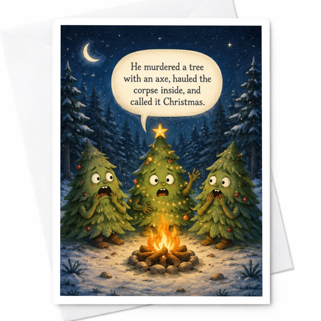 He Murdered A Tree With An Axe Funny Christmas Card Holiday Greeting For Friends Tree Lovers Secret Santa C5061