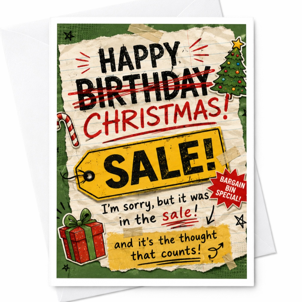 Happy Birthday Christmas! Sale! Funny Christmas Card Bargain Bin Special Holiday Greeting Card For Friends Family C5064