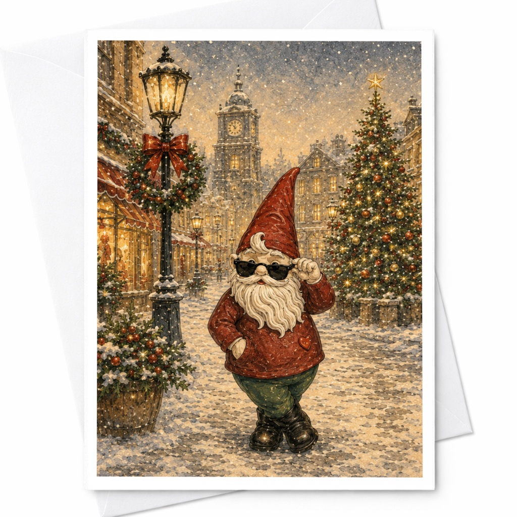 Santa Gnome Christmas Card Festive Holiday Greeting Card Cute Winter Scene For Friends Family Seasonal Celebration C5065