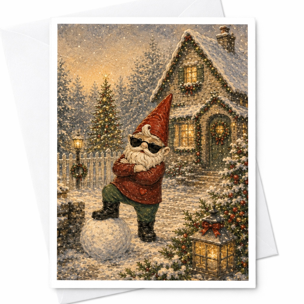 Cool Gnome Christmas Card Funny Holiday Greeting Card Winter Scene For Friends Family Cute Festive Card With Snowy House C5066