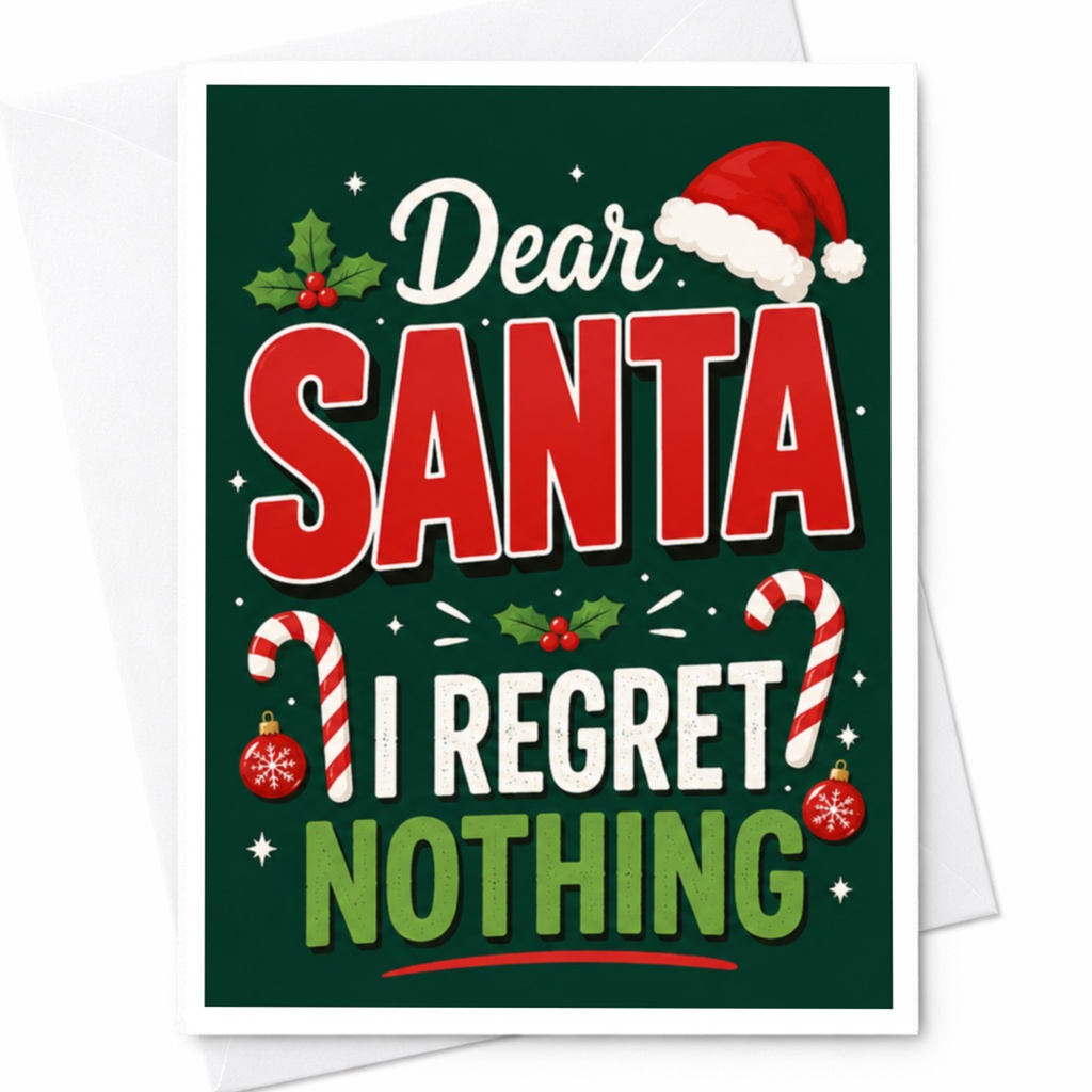 Dear Santa I Regret Nothing Christmas Card Funny Holiday Greeting Card For Friends Family Cute Santa Hat Candy Cane C5072