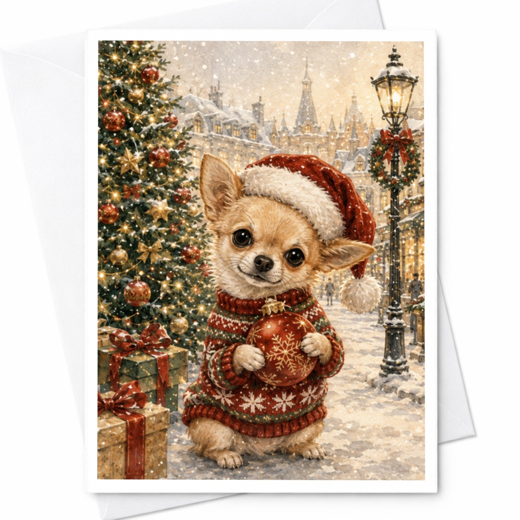 Chihuahua Christmas Card Cute Puppy In Santa Hat Holiday Greeting Card For Dog Lovers Festive Winter Scene With Ornament C5074