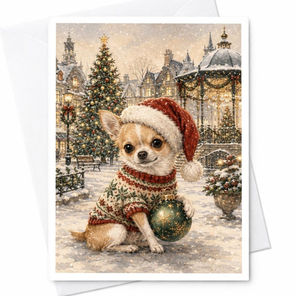 Chihuahua In Santa Hat Christmas Card Cute Puppy Holiday Greeting Card Festive Dog Lover Card Winter Scene For Her Him C5075