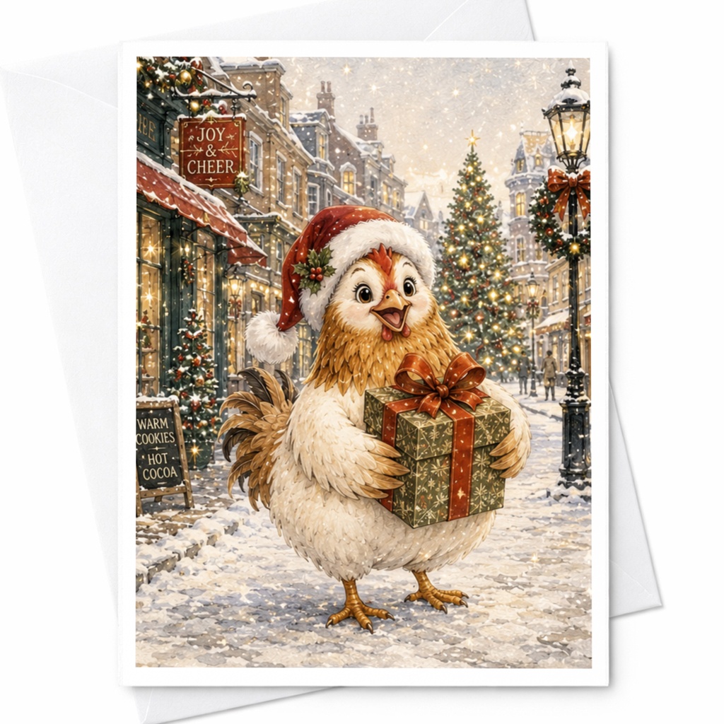 Joy & Cheer Christmas Card Festive Rooster With Gift Cute Holiday Greeting Card For Animal Lover Winter Scene C5078