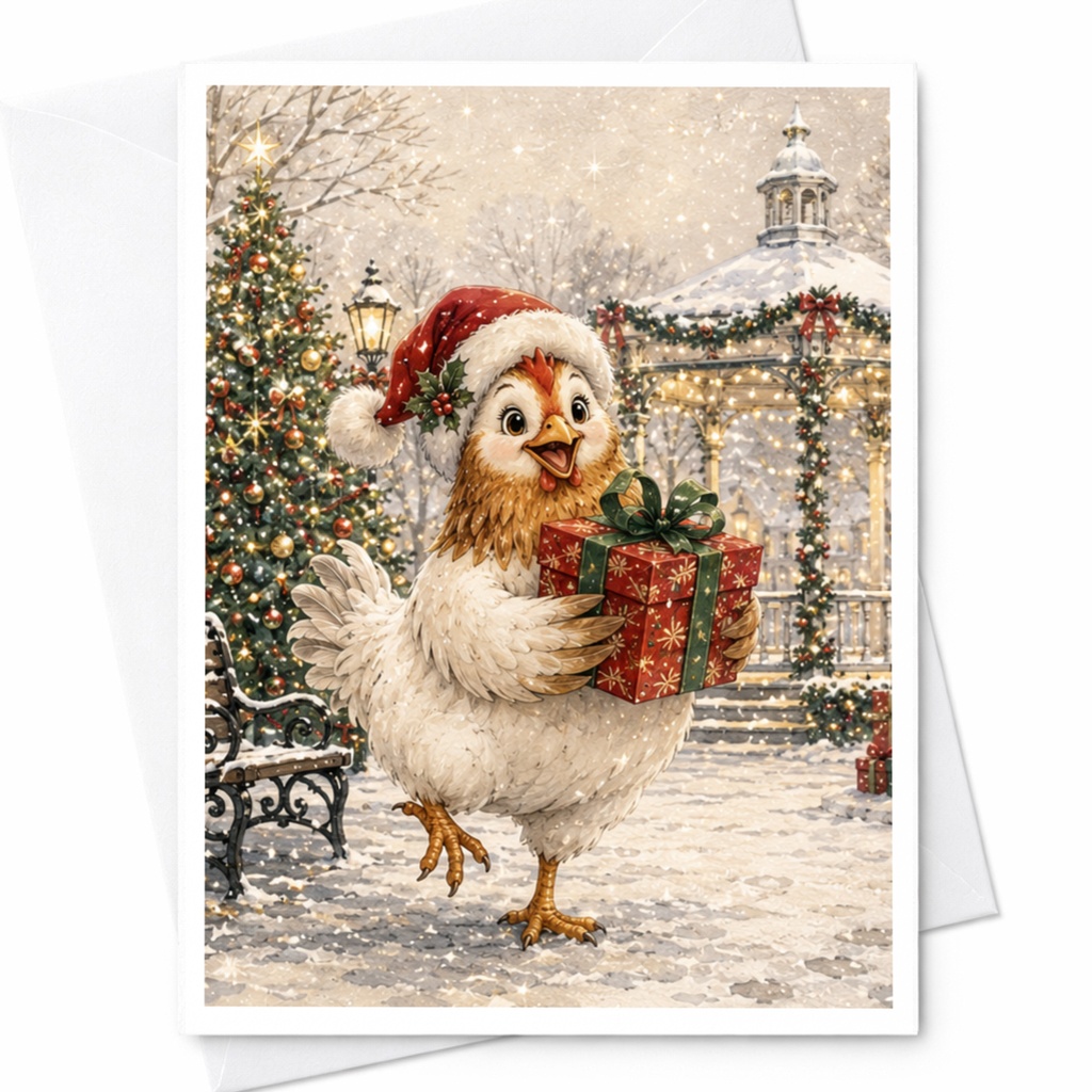 Christmas Rooster Greeting Card Cute Holiday Animal Card Festive Chicken With Gift Winter Scene Christmas Card For Friend C5079