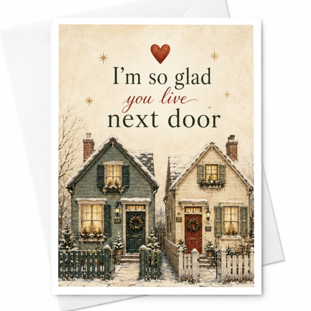 I'm So Glad You Live Next Door Neighbor Greeting Card Cozy Winter Houses Friendship Card Cute Holiday Card For Neighbor C5049