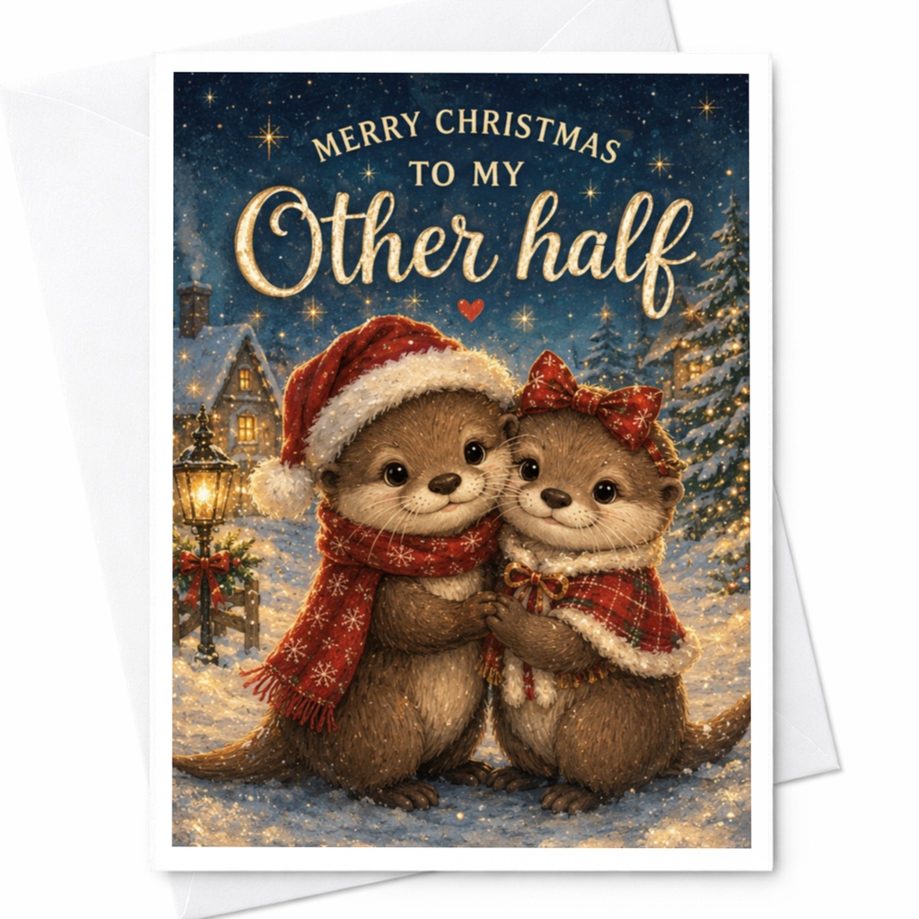 Merry Christmas To My Other Half Cute Holiday Card For Couples Adorable Otter Christmas Card Winter Love Greeting Card C5051