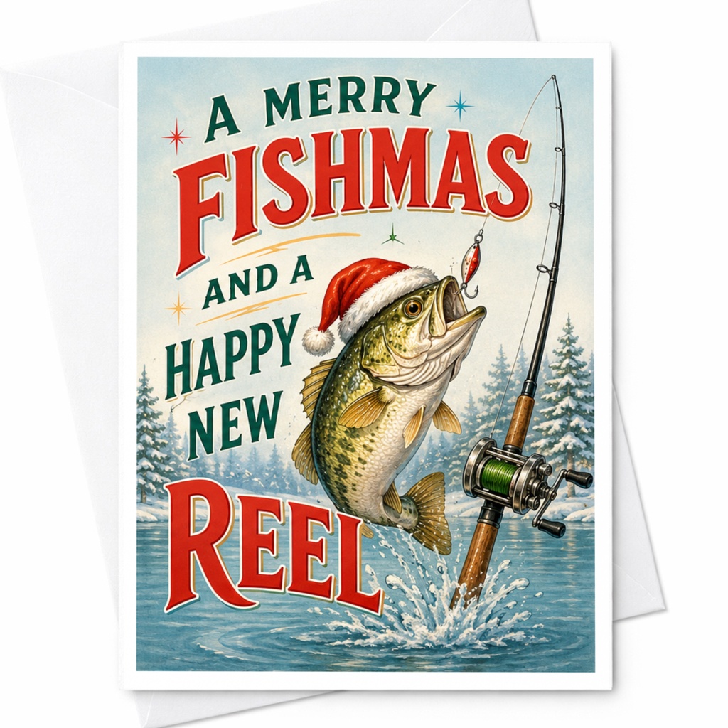 A Merry Fishmas And A Happy New Reel Funny Christmas Card Fishing Lover Holiday Greeting Card For Him Dad Husband C5080