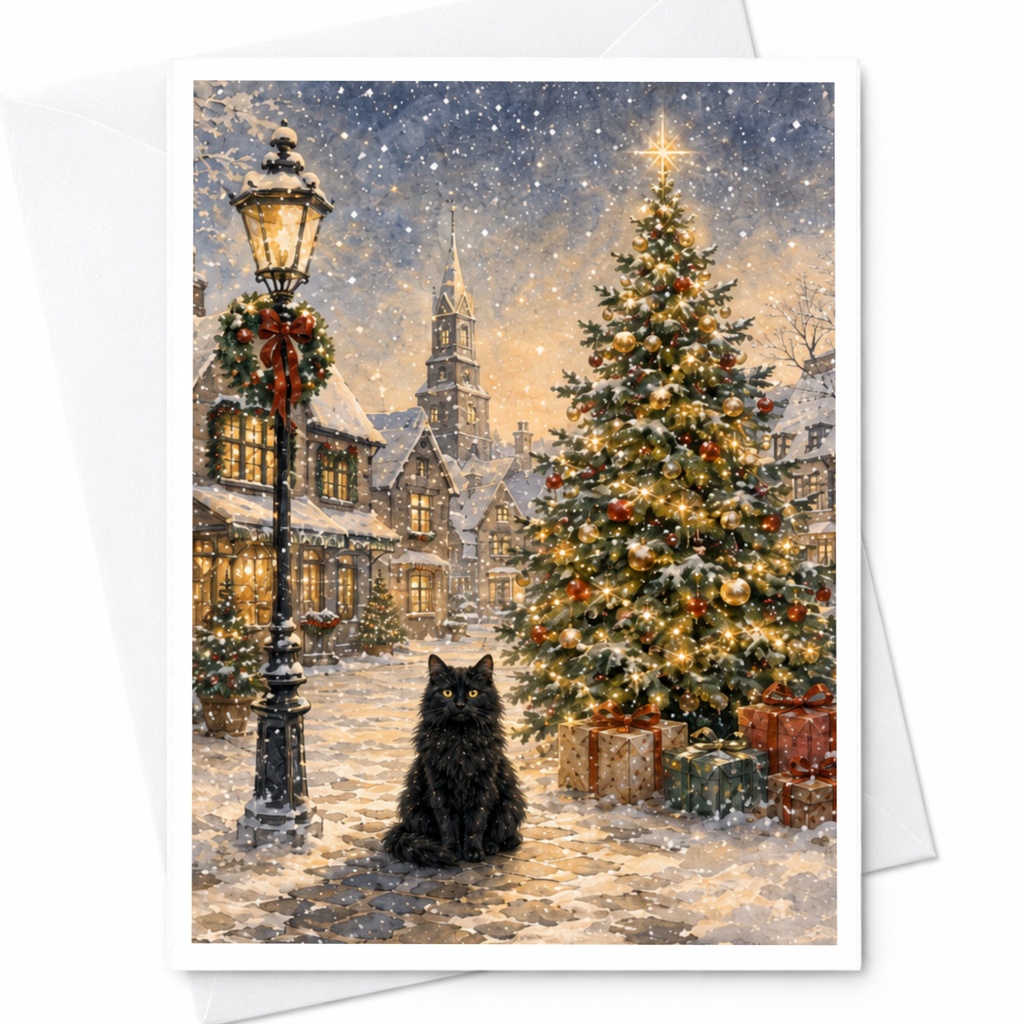 Black Cat Christmas Card Festive Holiday Greeting Card Winter Scene Snowy Village Christmas Tree For Cat Lover C5059