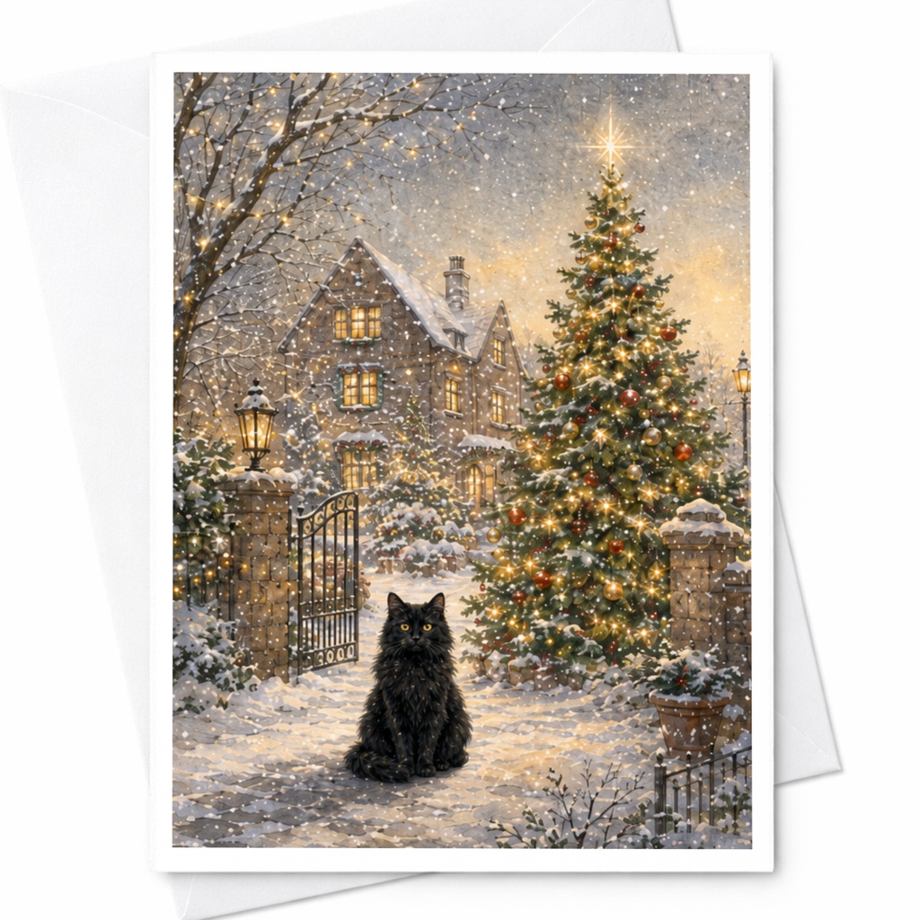Black Cat And Christmas Tree Holiday Card Winter Scene Greeting Card For Cat Lover Festive Christmas Card Snowy Night C5060