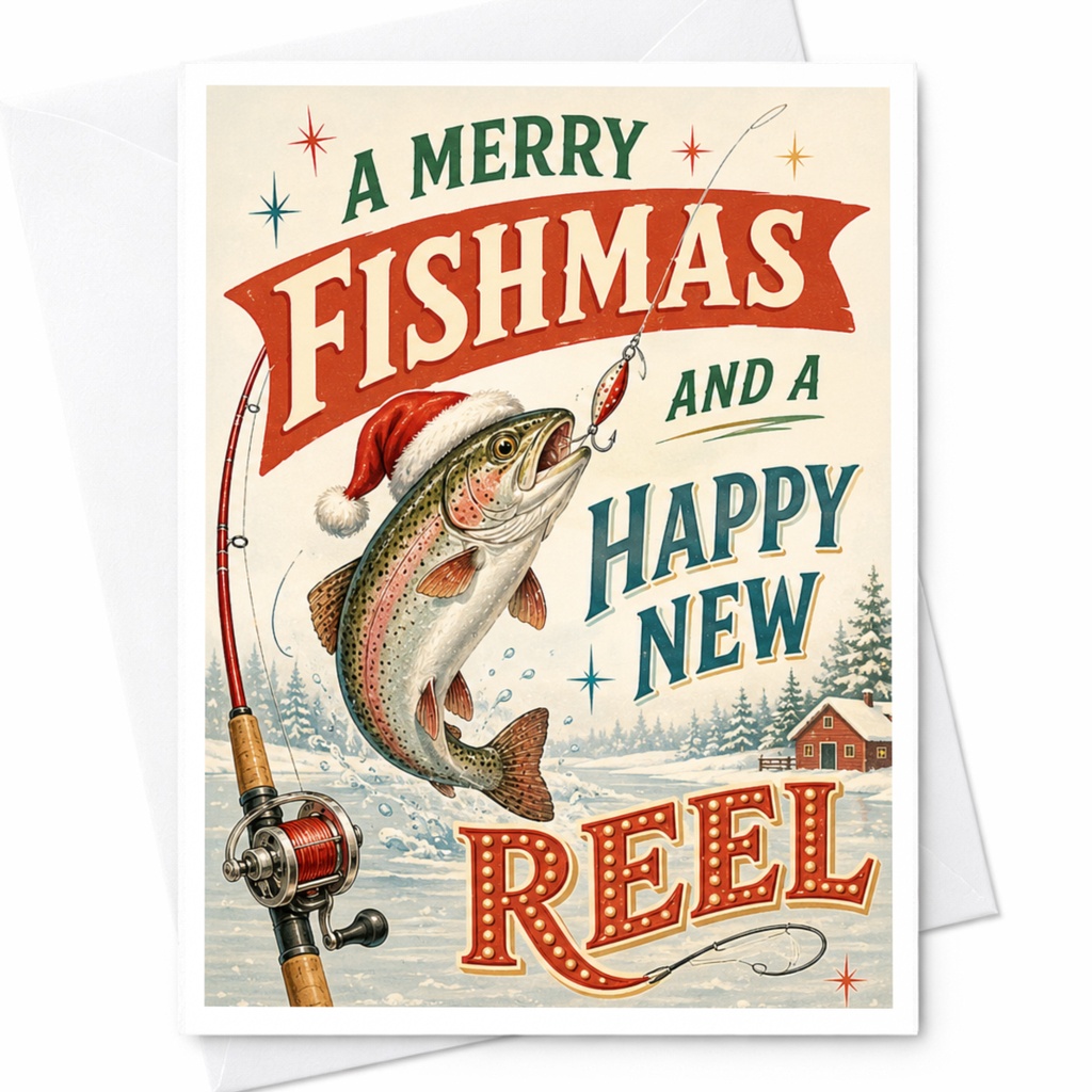 A Merry Fishmas And A Happy New Reel Funny Christmas Card Fishing Lover Holiday Greeting Card For Him Dad Husband C5081