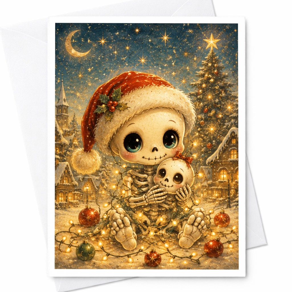 Cute Skeletons In Santa Hat Christmas Card Adorable Holiday Greeting Card For Kids Family Festive Winter Scene C5082