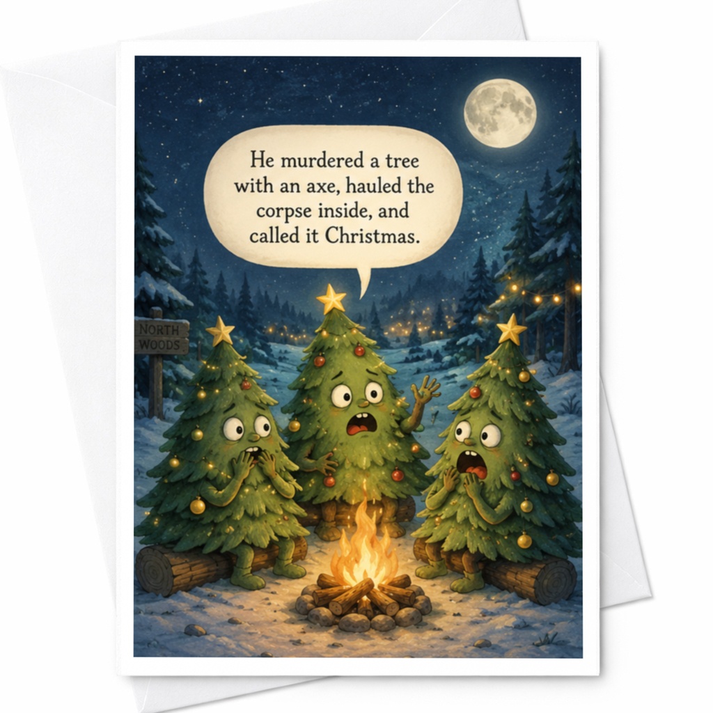 He Murdered A Tree Funny Christmas Card Holiday Greeting For Friends Tree Lovers Secret Santa Office Prank C5062