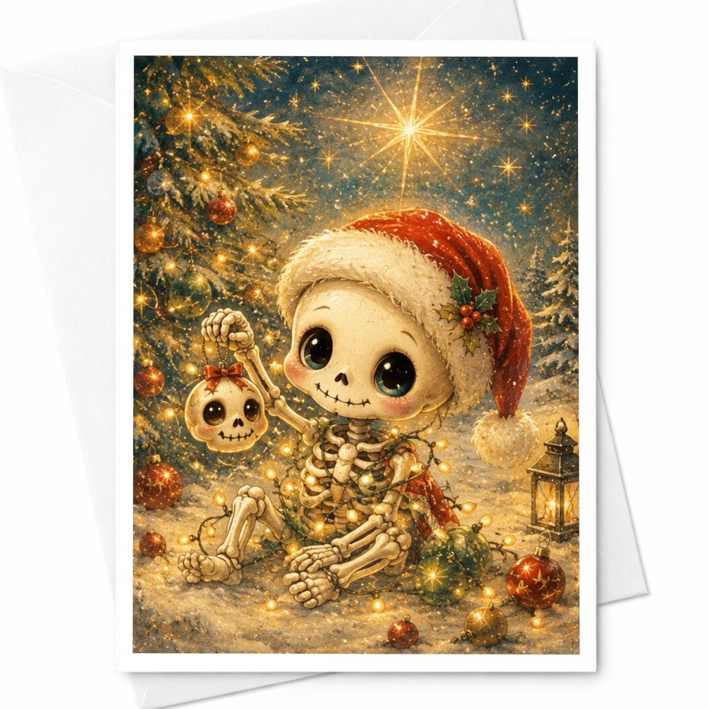 Cute Skeleton With Santa Hat Christmas Card Festive Holiday Greeting Card For Halloween Lovers Unique Xmas Card C5083