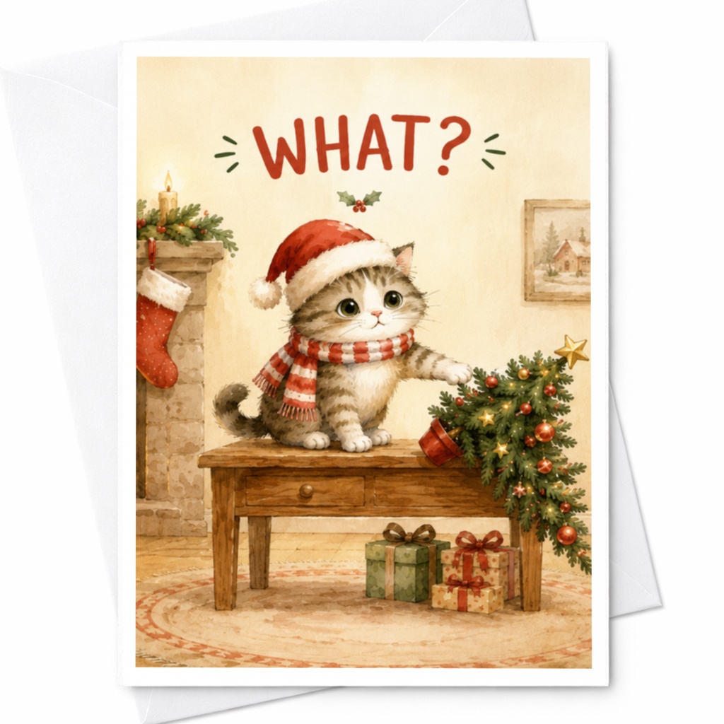 What? Cute Cat Christmas Card Funny Holiday Greeting Card For Cat Lover Adorable Santa Hat Kitten Xmas Card C5086