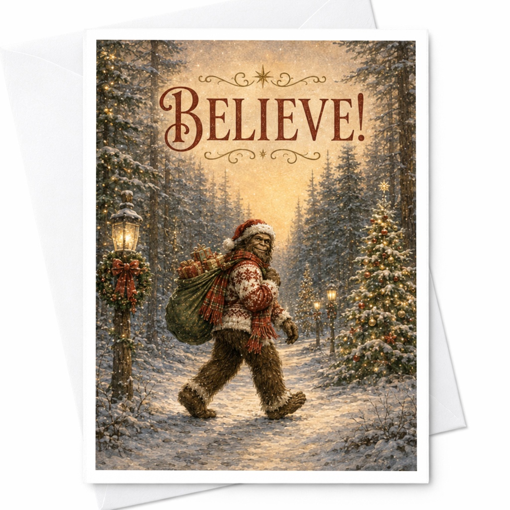 Believe! Funny Christmas Card Bigfoot Santa Hat Holiday Greeting Card Cute Sasquatch Winter Scene Festive Xmas Card C5088