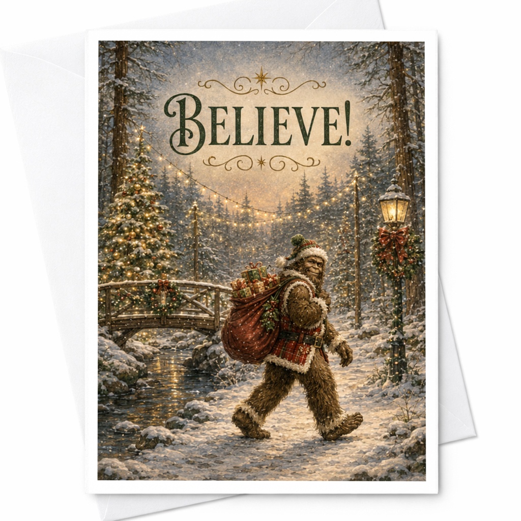 Believe! Funny Christmas Card Bigfoot Santa Hat Holiday Greeting Card Cute Sasquatch Winter Scene Festive Xmas Card C5089