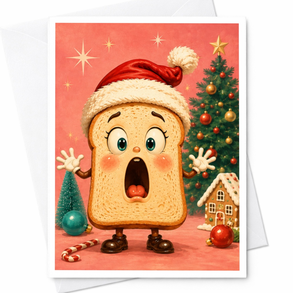 Surprised Toast Christmas Card Cute Cartoon Bread Holiday Greeting Card Funny Santa Hat Xmas Card For Friends Family C5091