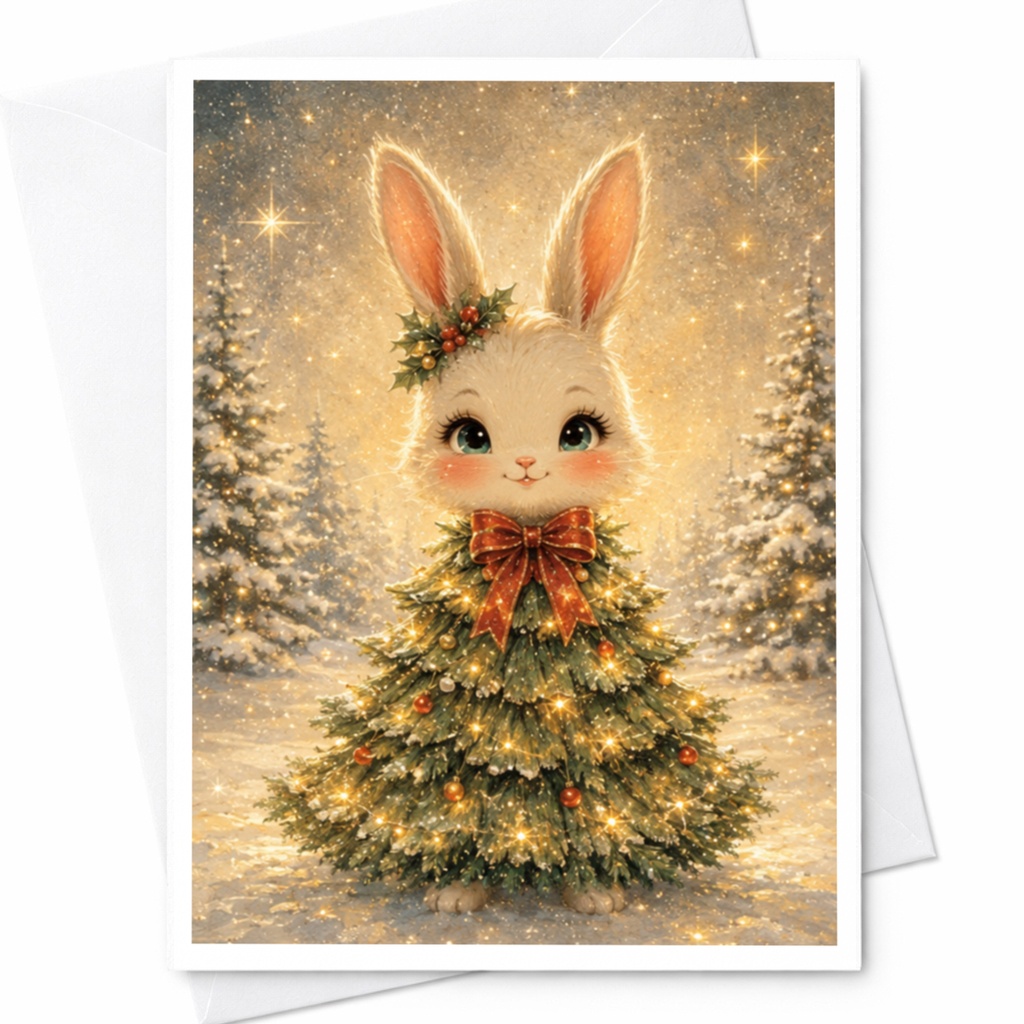 Cute Bunny Christmas Tree Card Festive Holiday Greeting Card For Animal Lover Adorable Winter Scene Christmas Card C5092