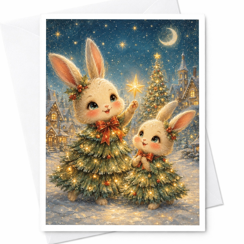 Cute Bunnies Christmas Card Festive Holiday Greeting Card For Kids Family Adorable Animal Winter Wonderland Scene C5093