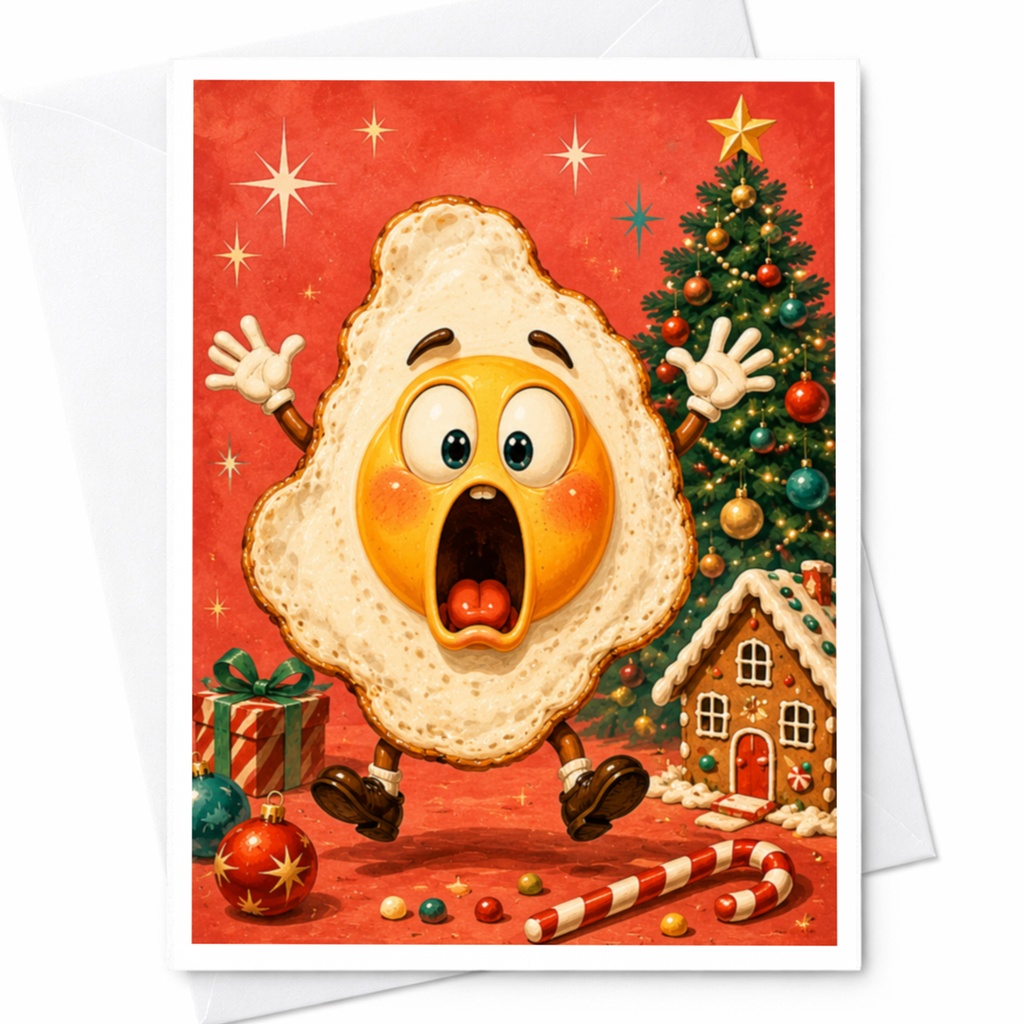 Cartoon Egg Christmas Card Funny Holiday Greeting Card Cute Festive For Kids Family Christmas Tree Gingerbread Scene C5099
