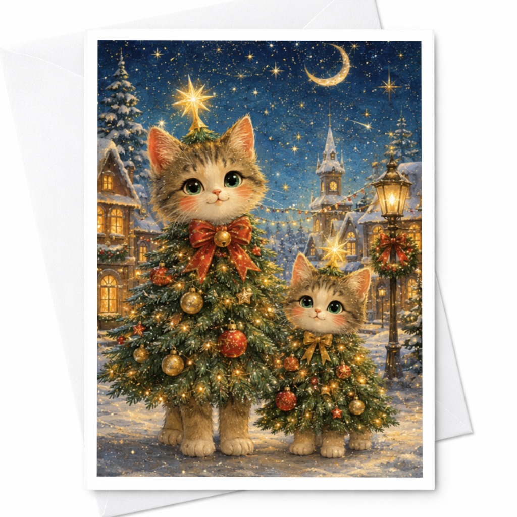 Christmas Tree Kittens Card Cute Holiday Greeting Card For Cat Lover Festive Winter Scene Adorable Cats Christmas Card C5101