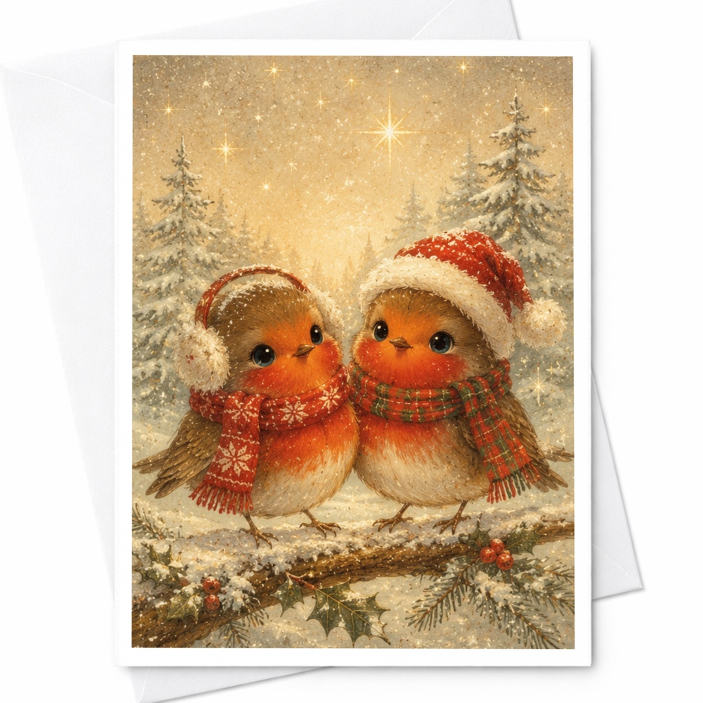 Cute Robin Christmas Card Winter Birds Greeting Card Festive Holiday Card For Bird Lover Adorable Snowy Scene Card C5102