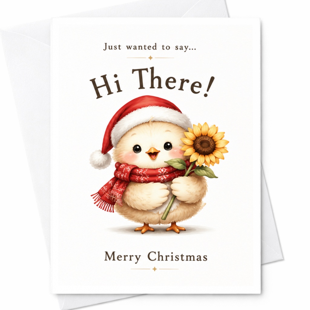 Just Wanted To Say... Hi There! Merry Christmas Cute Bird Christmas Card Santa Hat Sunflower Holiday Greeting Card C5104