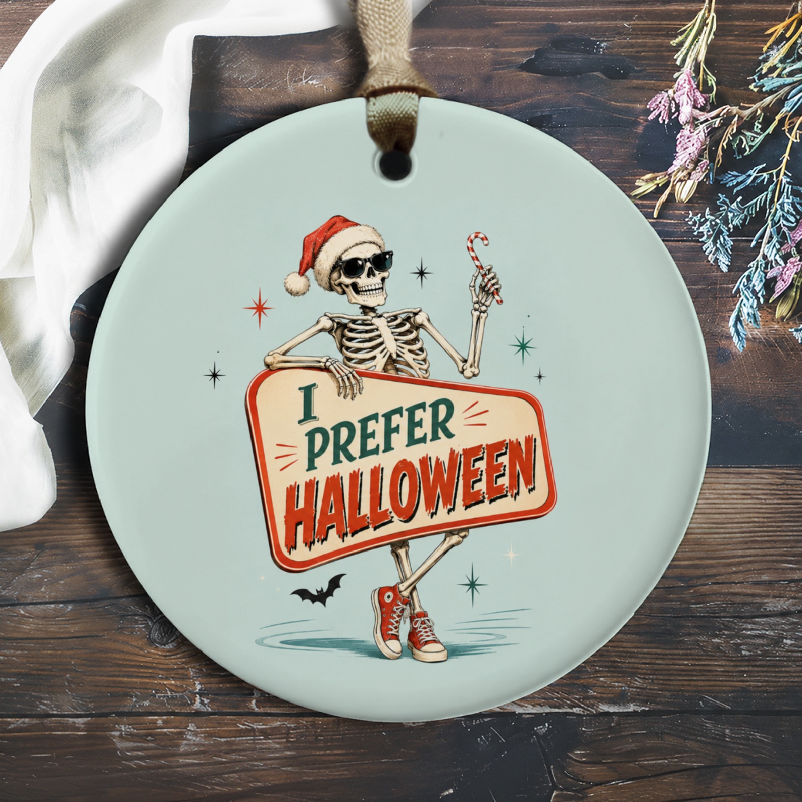 I Prefer Halloween Skeleton Ornament Funny Halloween Decor Santa Hat Candy Cane Spooky Holiday Decoration O992