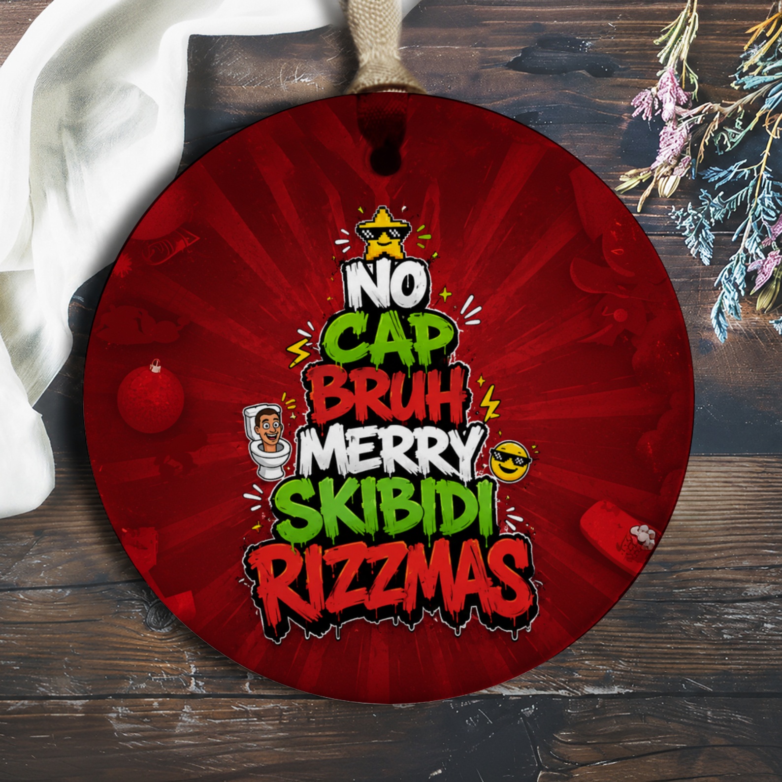 No Cap Bruh Merry Skibidi Rizzmas Funny Christmas Ornament Holiday Decor Festive Tree Decoration Unique Gift Idea O994