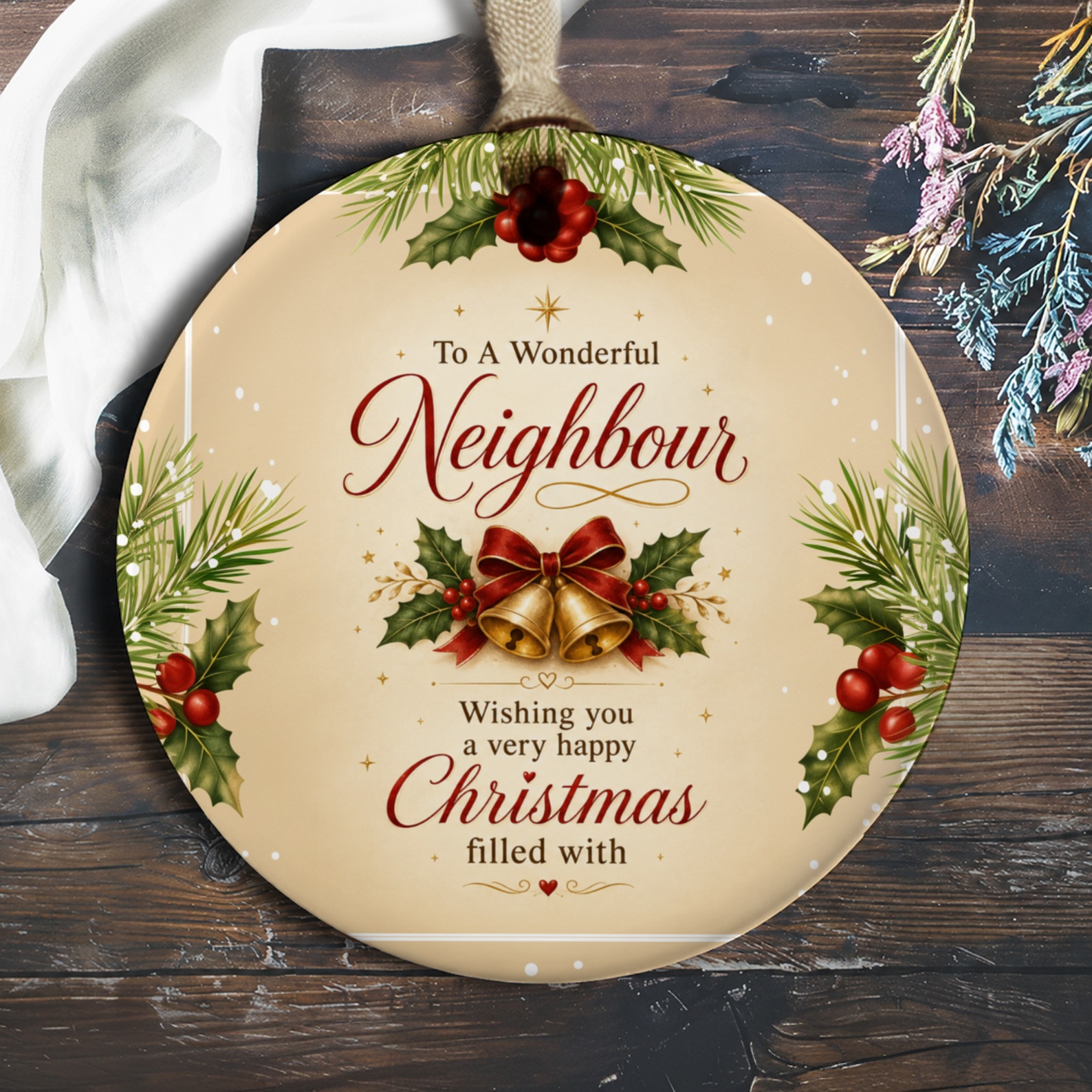 To A Wonderful Neighbour Christmas Ornament Festive Holiday Decor Bells Holly Gift For Neighbor Seasonal Decoration O997