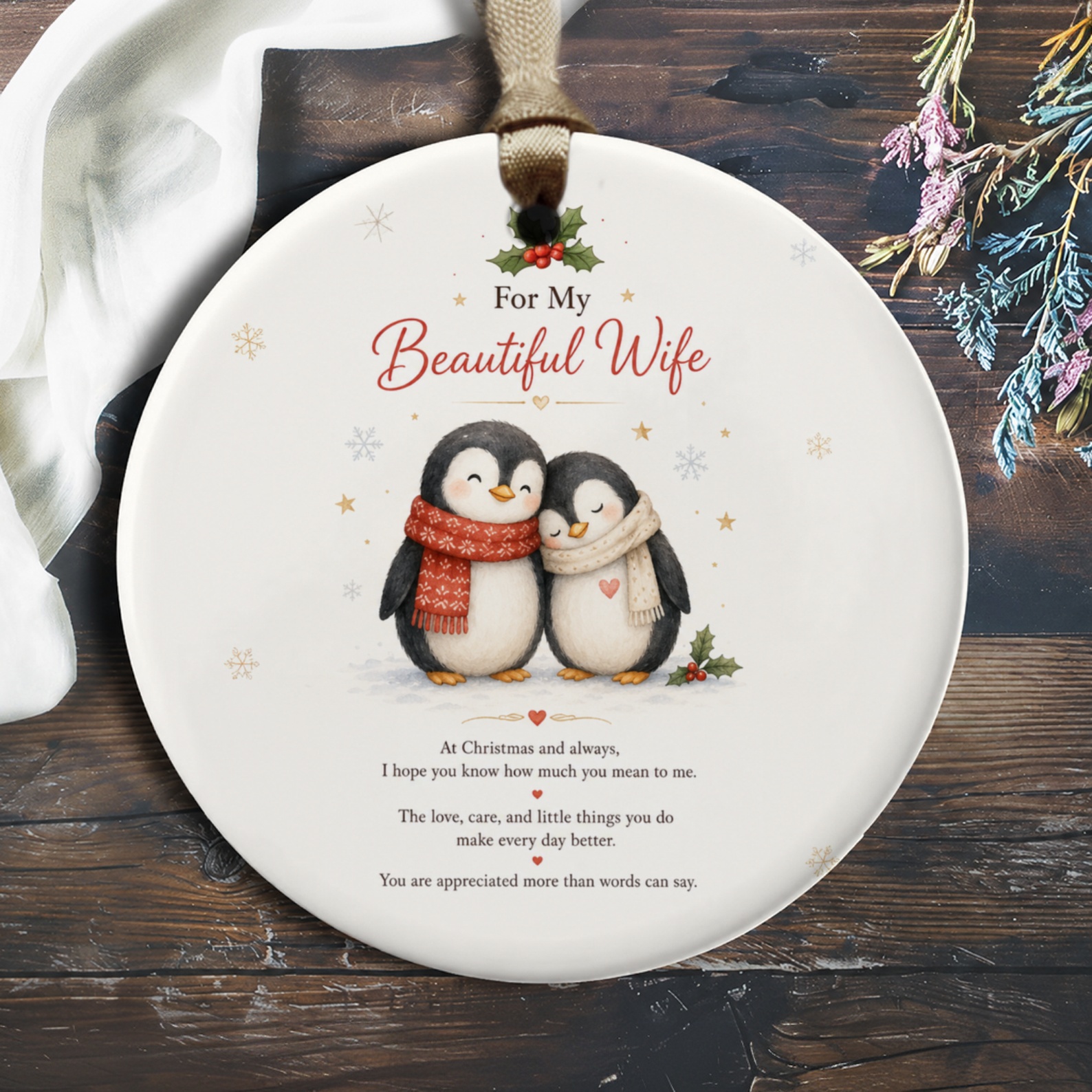 For My Beautiful Wife Christmas Ornament Cute Penguin Couple Holiday Decor Romantic Gift For Her Winter Love Ornament O1002