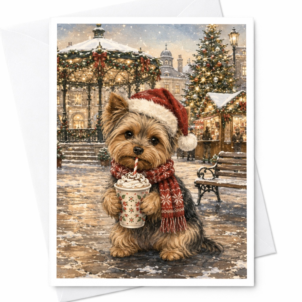Yorkshire Terrier Christmas Card Cute Dog Holiday Greeting Card Festive Winter Scene For Dog Lovers Adorable Xmas Card C5085
