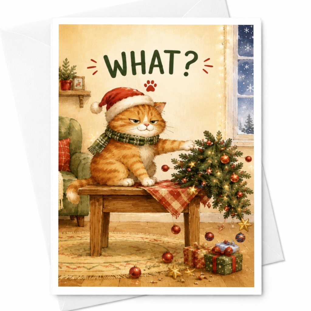 What? Funny Christmas Card Cat With Santa Hat Holiday Greeting Card For Cat Lover Cute Festive Xmas Card With Tree C5087