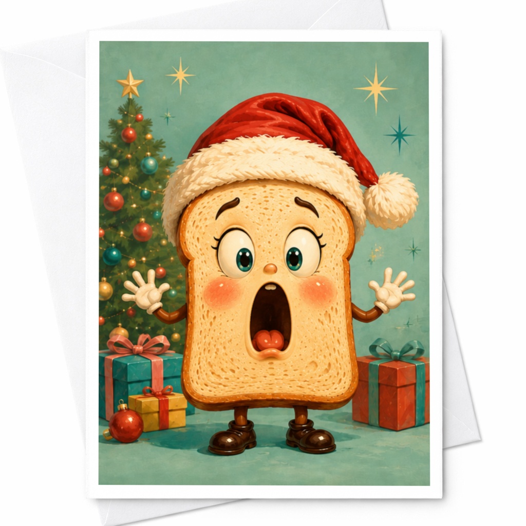 Surprised Toast Christmas Card Cute Cartoon Bread Holiday Greeting Card Funny Santa Hat Xmas Card For Lovers C5090