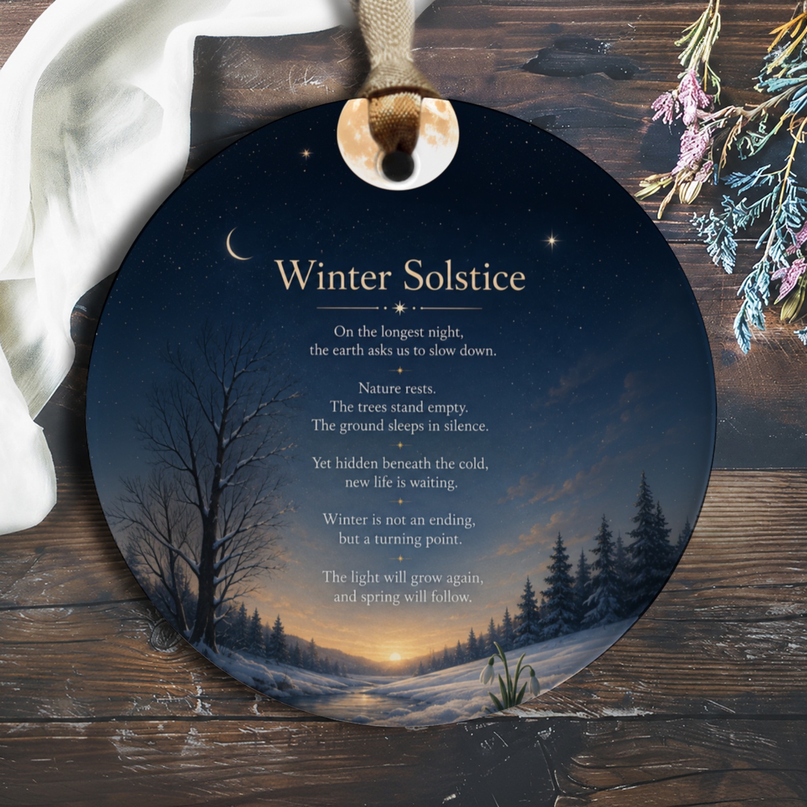 Winter Solstice Ornament Seasonal Decoration Moonlit Night Scene Winter Landscape Nature Art Home Decor Gift O1017