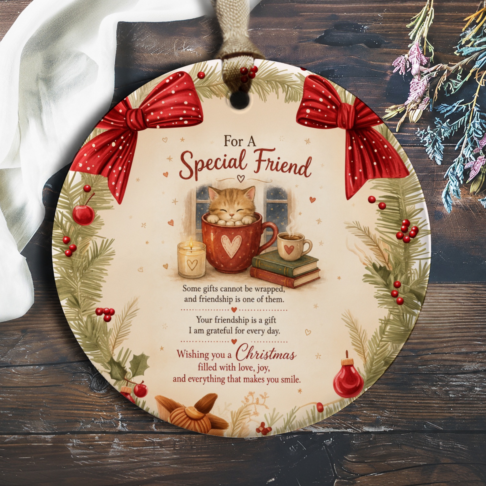 For A Special Friend Christmas Ornament Cute Cat In Mug Holiday Decor Friendship Gift Festive Decoration For Cat Lover O1019