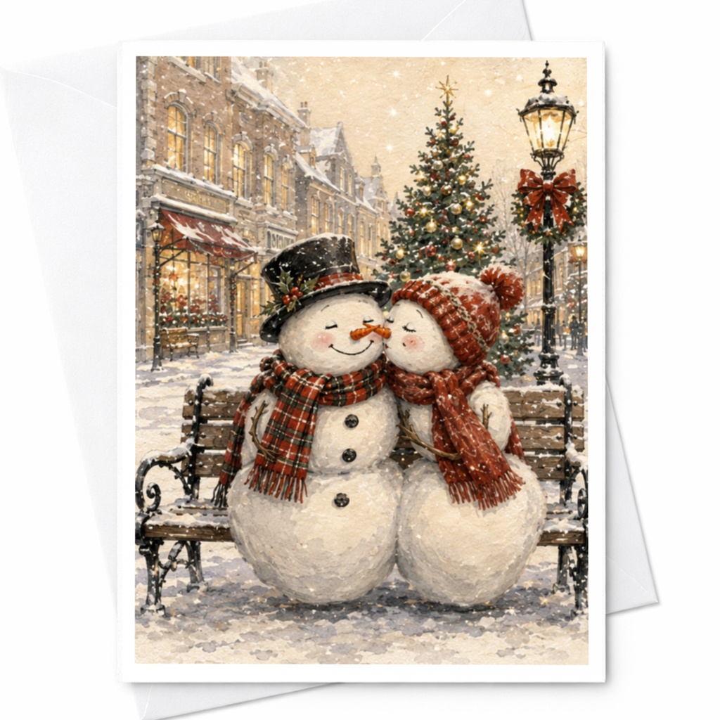 Snowman Couple Christmas Card Cute Winter Scene Greeting Card Holiday Card For Family Festive Snowy Town Illustration C5094