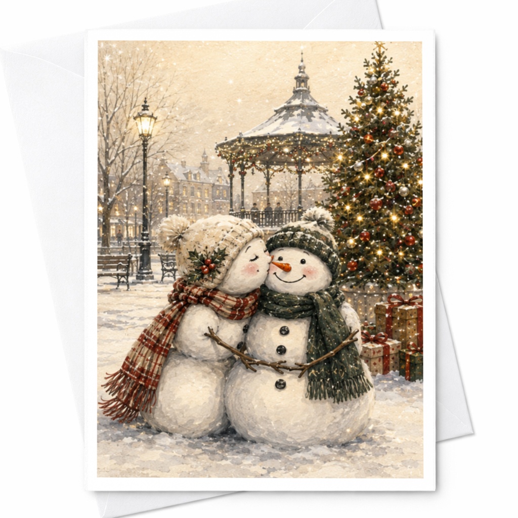 Snowman Couple Christmas Card Cute Winter Scene Holiday Greeting Card For Family Friends Festive Snowy Park Illustration C5095