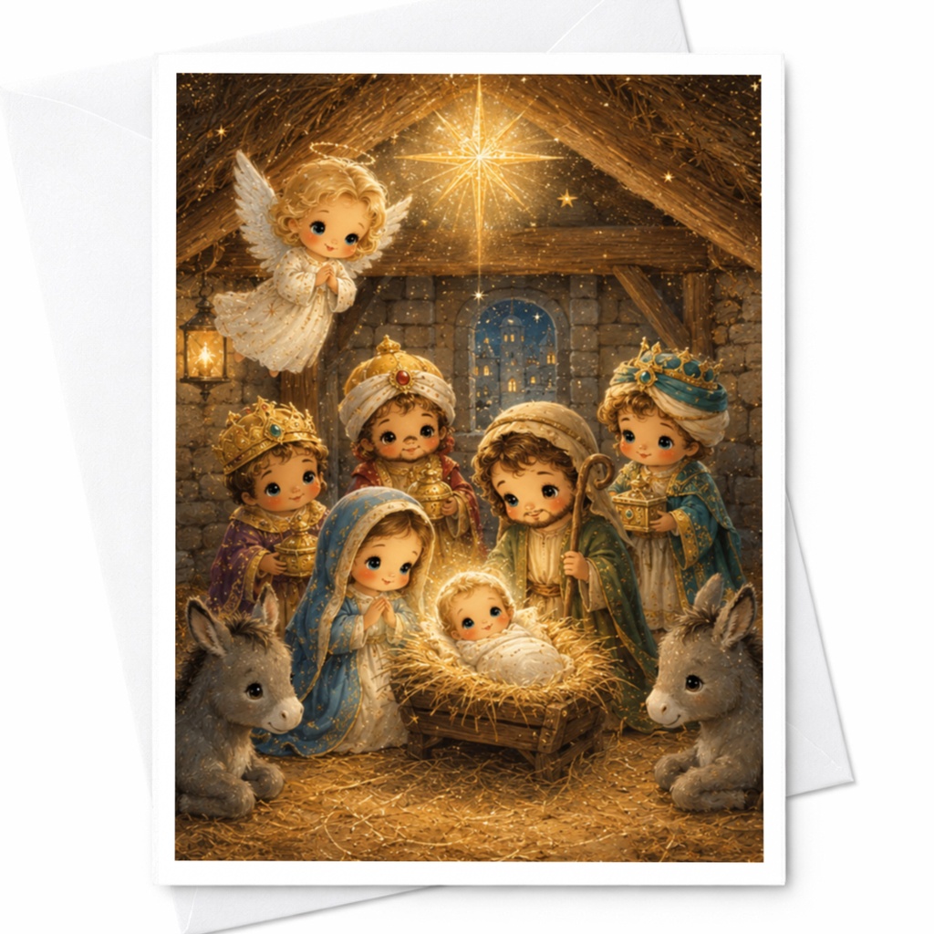 Nativity Scene Christmas Card Cute Angel Wise Men Baby Jesus Holiday Greeting Card Religious Christmas Card For Family C5096
