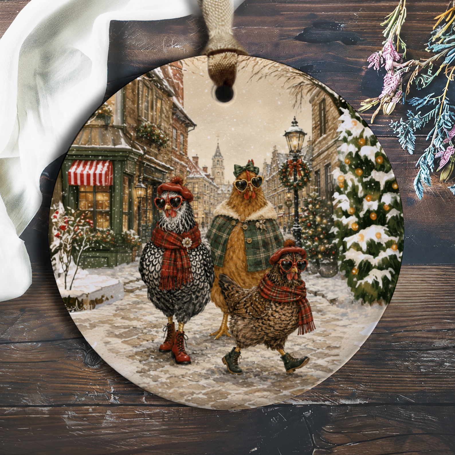 Chickens In Winter Attire Christmas Ornament Festive Holiday Decor Cute Animal Lover Gift Rustic Farmhouse Style O1026