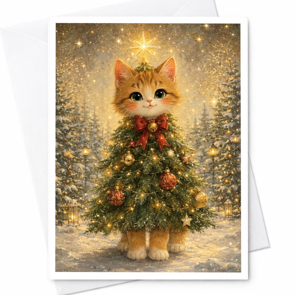 Kitten Christmas Tree Card Cute Holiday Greeting Card For Cat Lovers Festive Animal Christmas Card Adorable Winter Scene C5100