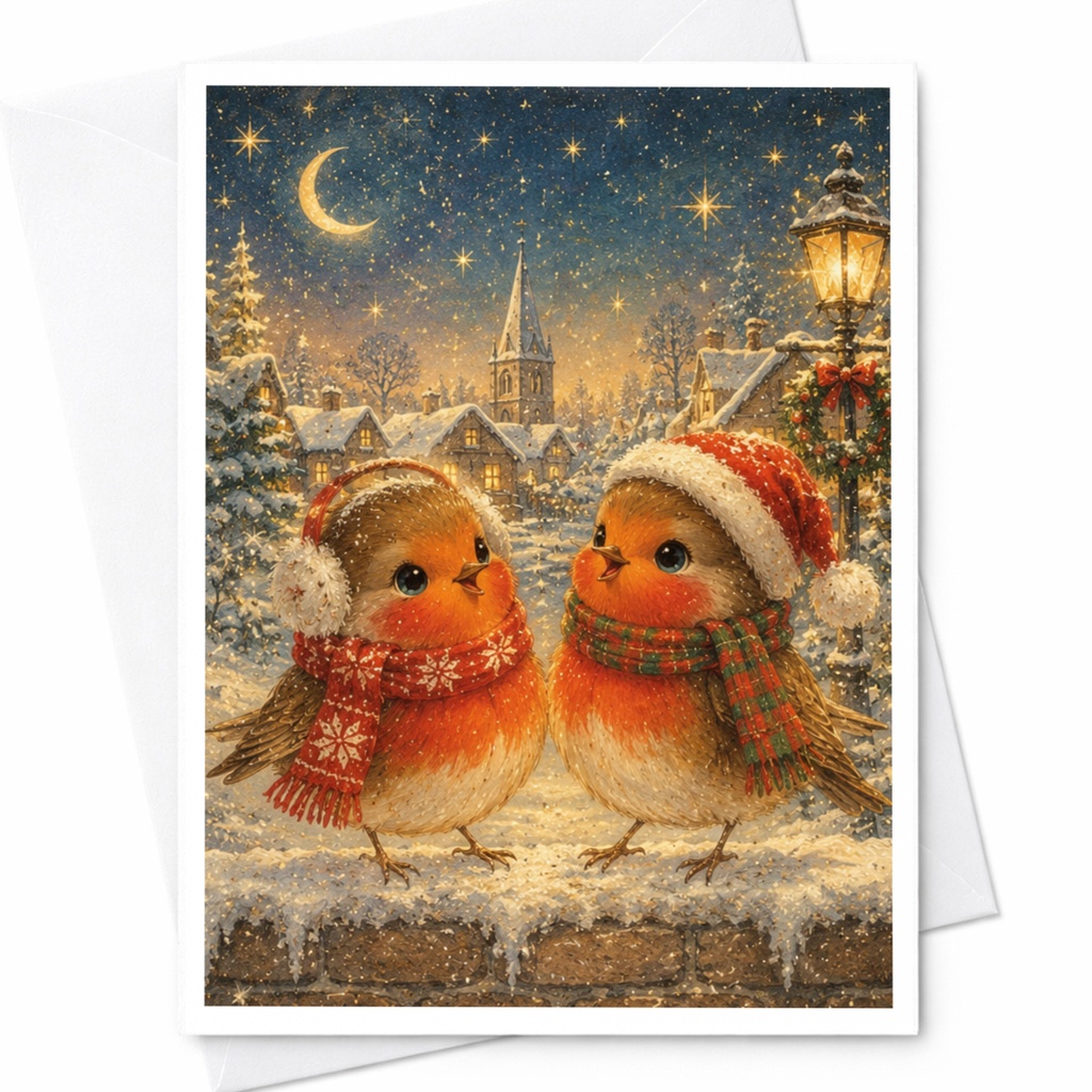 Christmas Robins Greeting Card Cute Winter Scene Holiday Card For Bird Lover Festive Snowy Village Christmas Card C5103