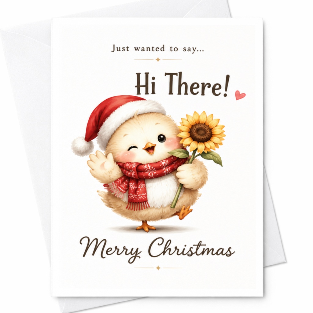 Just Wanted To Say... Hi There! Merry Christmas Cute Bird Christmas Card Holiday Greeting Card Festive Santa Hat Sunflower C5105