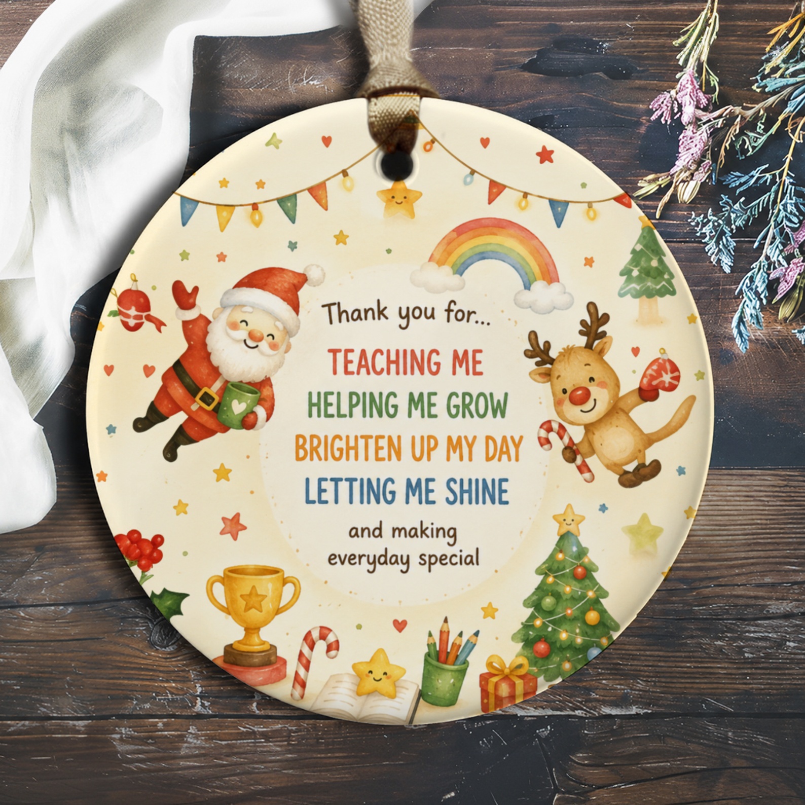 Thank You For Teaching Me Christmas Ornament Santa Reindeer Festive Decor Teacher Appreciation Holiday Gift O988
